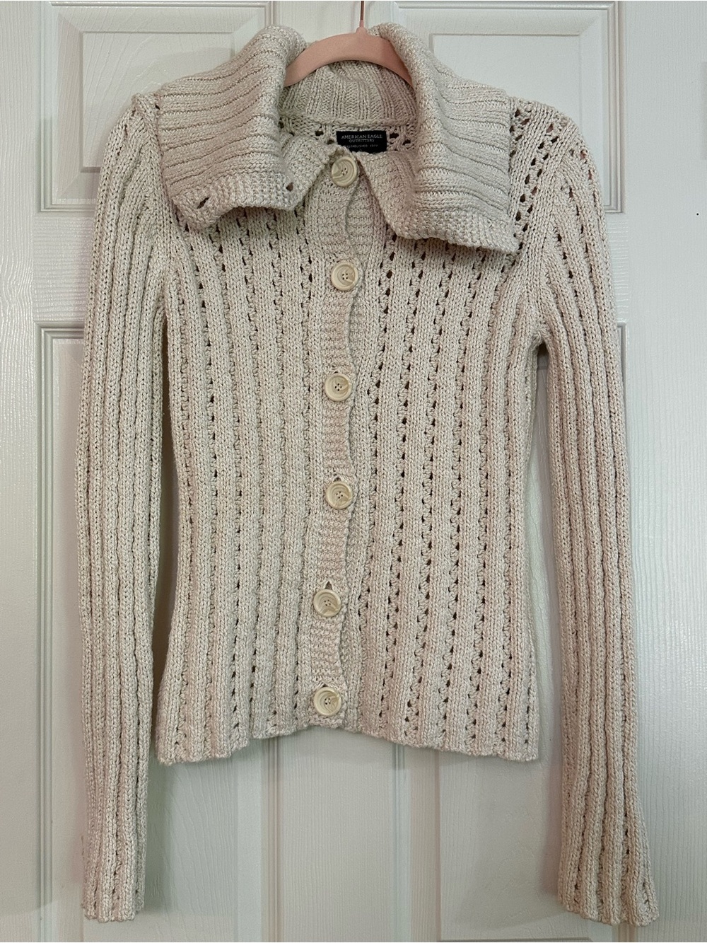 American Eagle Outfitters Cream Button-Up Ribbed Cardigan